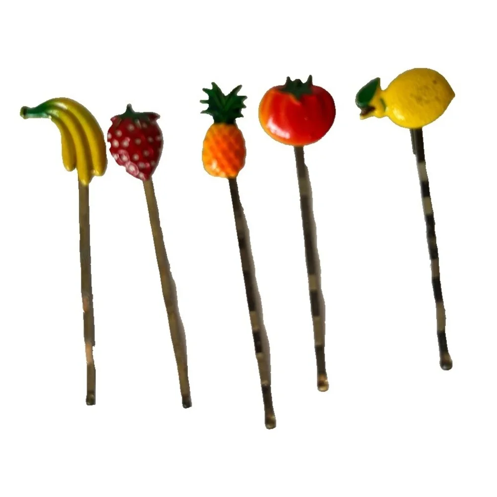 Vintage Enameled Fruit Bobby Pins Lot 5 Banana Strawberry Lemon Tomato Pineapple